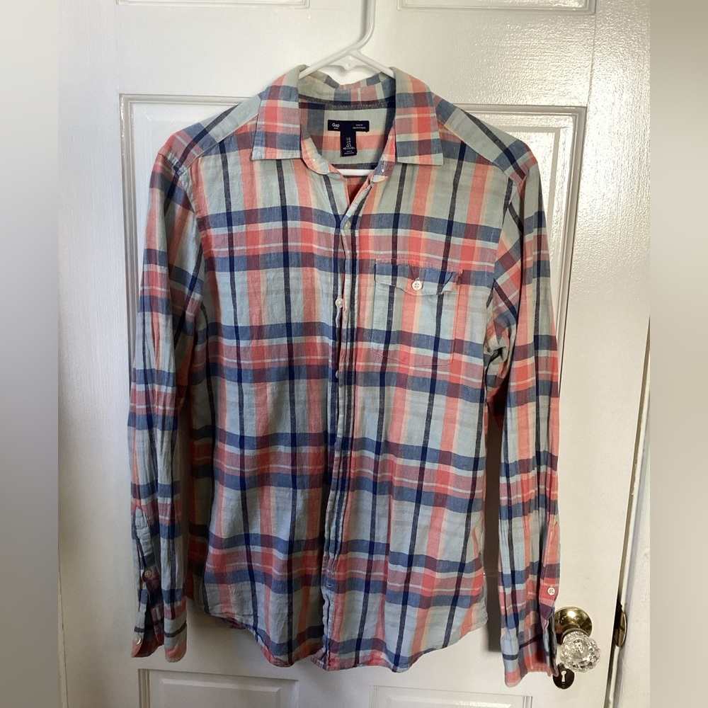 Mens Gap red and Blue Plaid Linen Blend long sleeve shirt - small slim fit